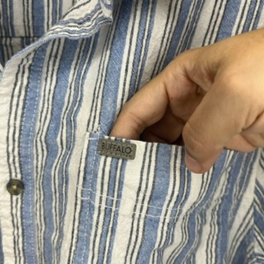 Buffalo David Bitton oversized shirt jacket w/ side pockets Blue/White Linen XL - Picture 2 of 9